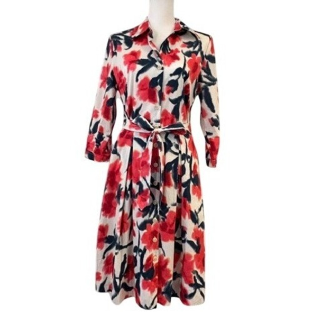Frances Valentine Floral Shirt Dress Womens Medium Red Navy Blue Belted Midi